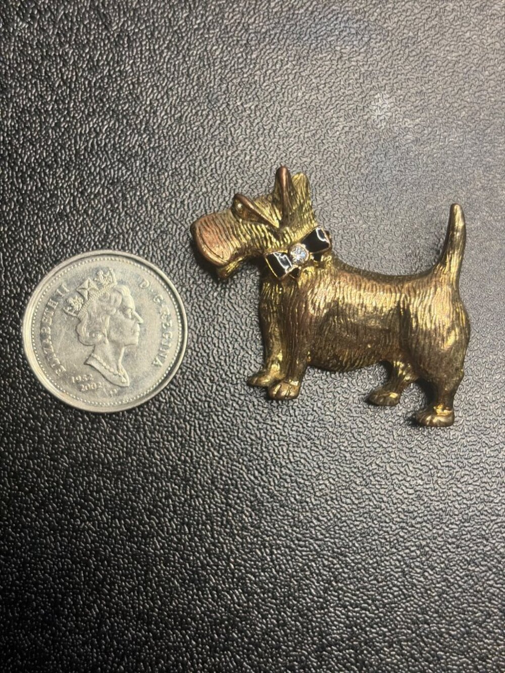 Vintage Avon Scottie Dog Brooch Gold Tone Black Bow Rhinestone Pin